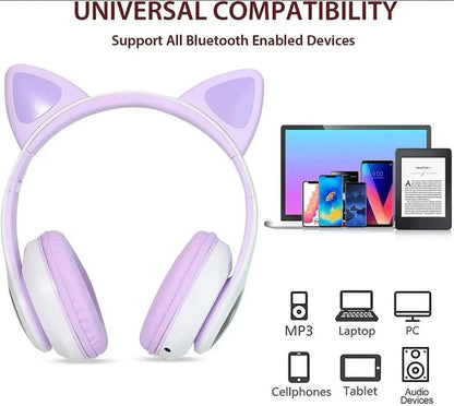 Cat Ear Bluetooth Headphones Pink with LED Lights Gulfluxe
