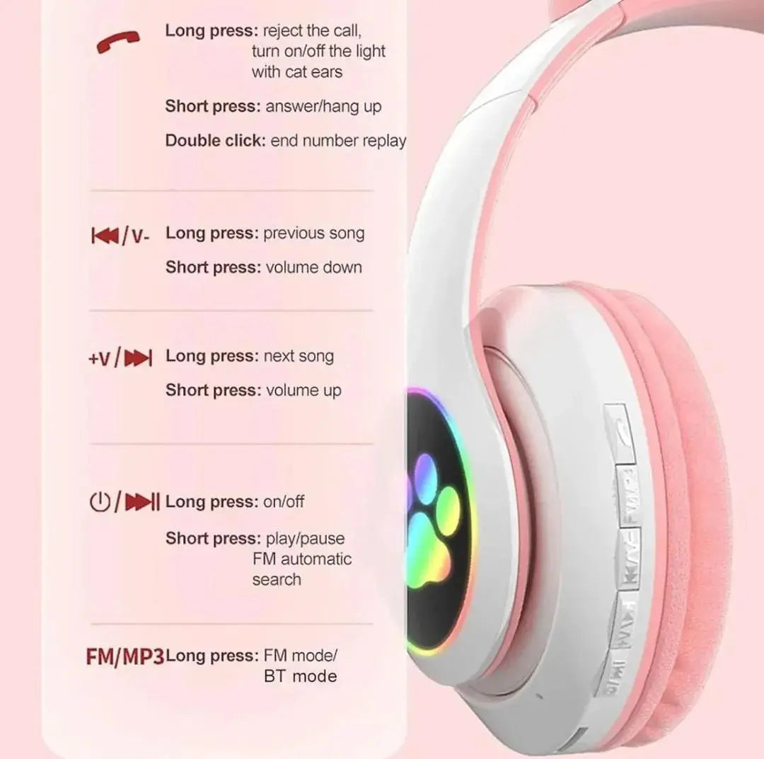 Cat Ear Bluetooth Headphones Pink with LED Lights Gulfluxe