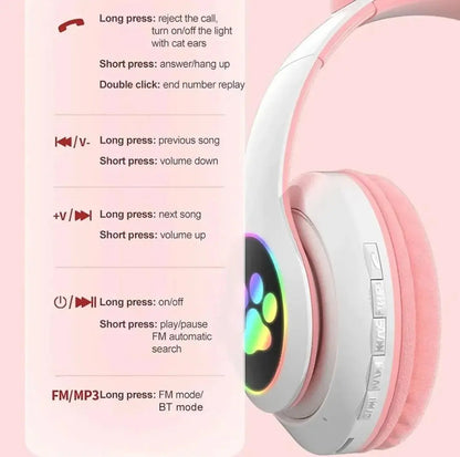 Cat Ear Bluetooth Headphones Pink with LED Lights Gulfluxe
