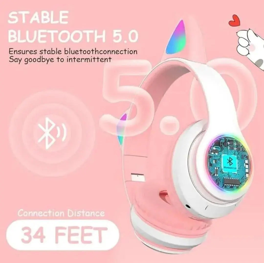 Cat Ear Bluetooth Headphones Pink with LED Lights Gulfluxe