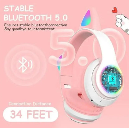 Cat Ear Bluetooth Headphones Pink with LED Lights Gulfluxe